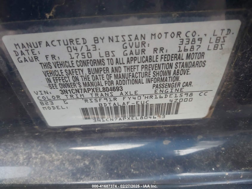 2014 Nissan Versa 1.6 S VIN: 3N1CN7APXEL804693 Lot: 41687374