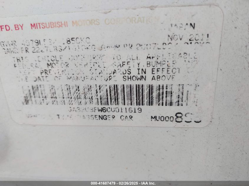 2012 Mitsubishi Lancer Gt VIN: JA32U8FW6CU011619 Lot: 41687479