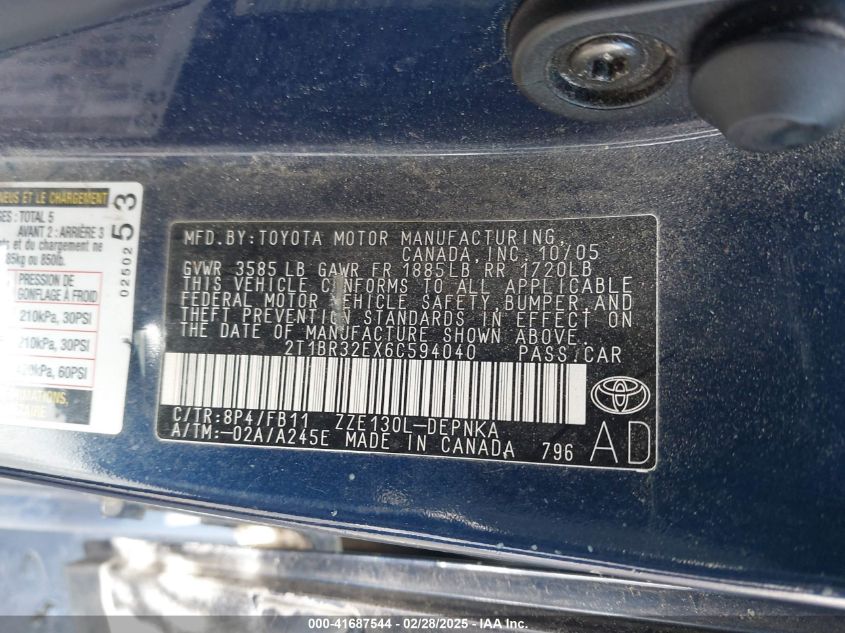 2006 Toyota Corolla Le VIN: 2T1BR32EX6C594040 Lot: 41687544