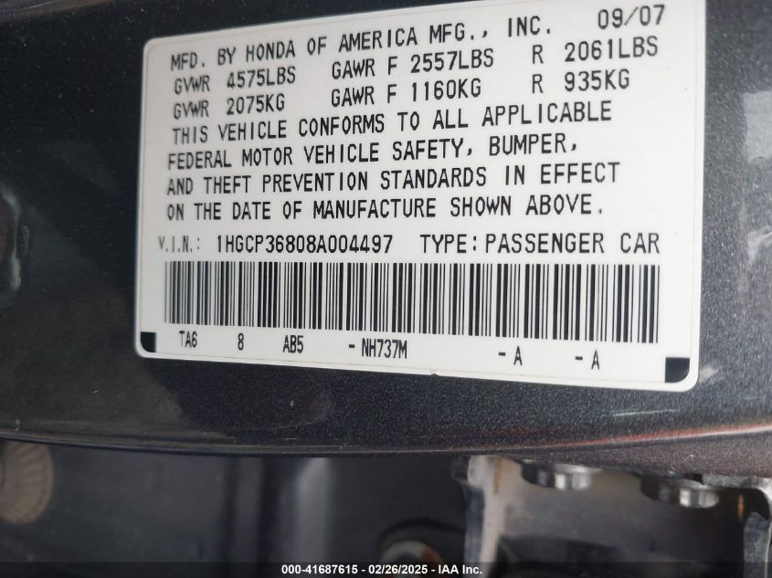 2008 Honda Accord 3.5 Ex-L VIN: 1HGCP36808A004497 Lot: 41687615
