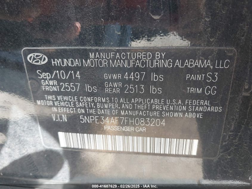 2015 Hyundai Sonata Sport VIN: 5NPE34AF7FH083204 Lot: 41687629