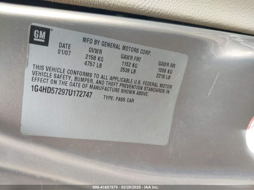 2007 Buick Lucerne Cxl VIN: 1G4HD57297U172747 Lot: 41687670