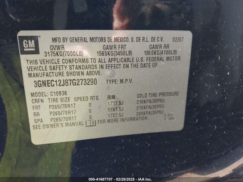 2007 Chevrolet Avalanche 1500 Ls VIN: 3GNEC12J87G273290 Lot: 41687707