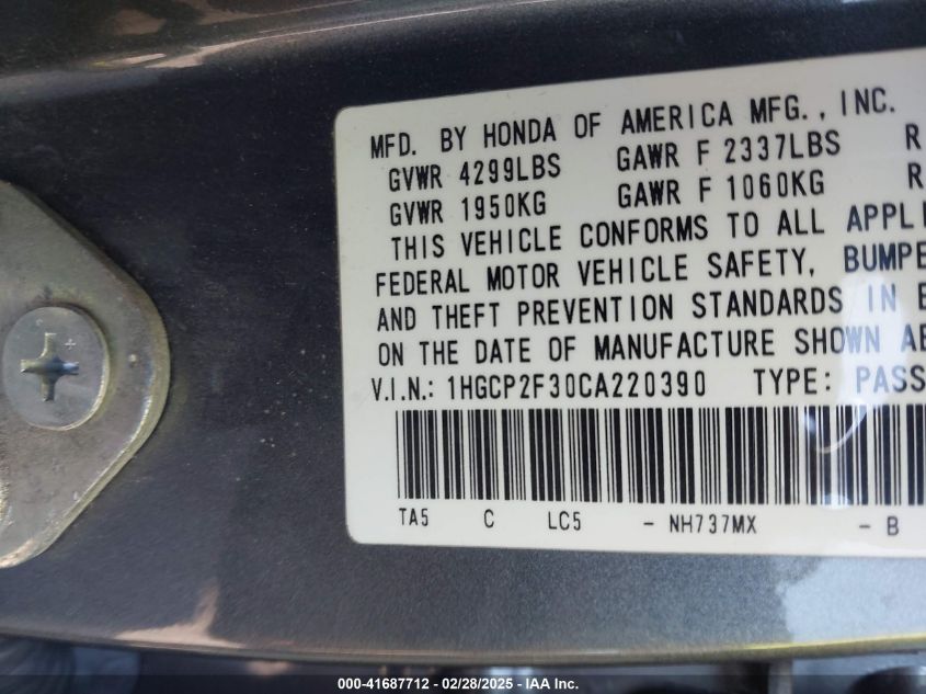 2012 Honda Accord 2.4 Lx VIN: 1HGCP2F30CA220390 Lot: 41687712