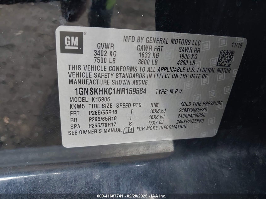 2017 CHEVROLET SUBURBAN LT - 1GNSKHKC1HR159584