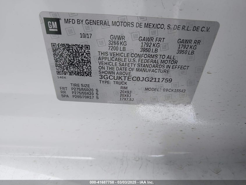 2018 CHEVROLET SILVERADO 1500 VIN: 3GCUKTEC0JG211759