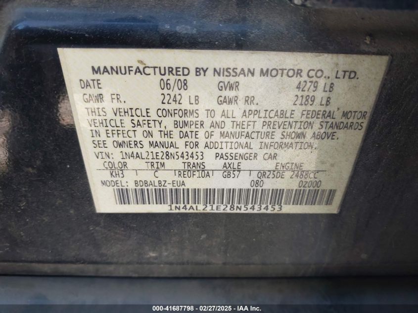 2008 Nissan Altima 2.5 S VIN: 1N4AL21E28N543453 Lot: 41687798