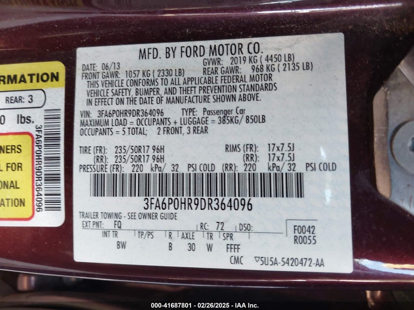2013 FORD FUSION VIN: 3FA6P0HR9DR364096