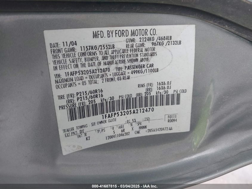 2005 Ford Taurus Se VIN: 1FAFP53205A212470 Lot: 41687815