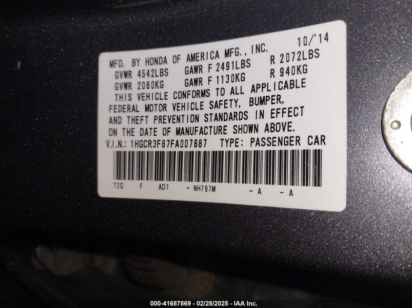2015 HONDA ACCORD VIN: 1HGCR3F87FA007887