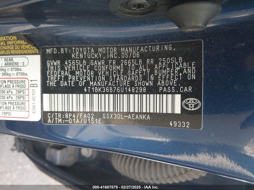2006 TOYOTA AVALON VIN: 4T1BK36B76U148298