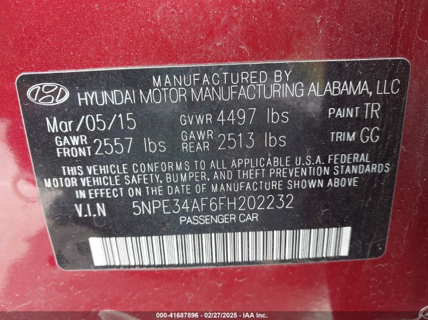 2015 Hyundai Sonata Sport VIN: 5NPE34AF6FH202232 Lot: 41687896