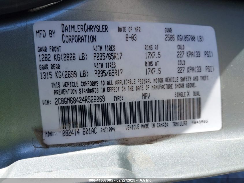 2004 Chrysler Pacifica VIN: 2C8GM68424R526069 Lot: 41687905