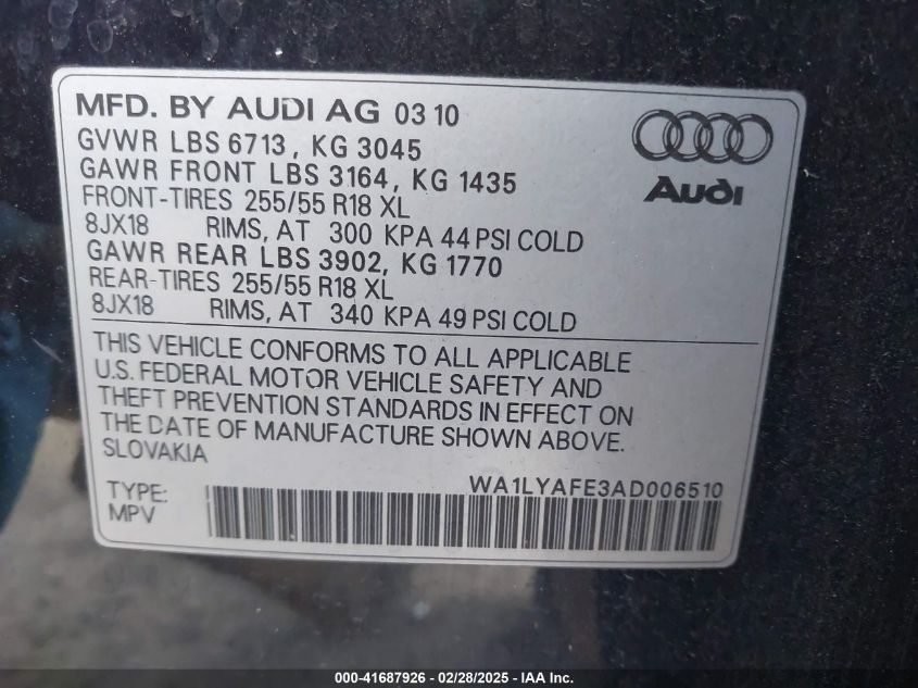 2010 Audi Q7 3.6 Premium VIN: WA1LYAFE3AD006510 Lot: 41687926