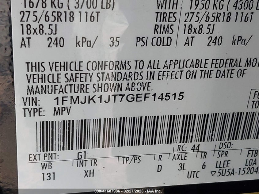 2016 FORD EXPEDITION VIN: 1FMJK1JT7GEF14515
