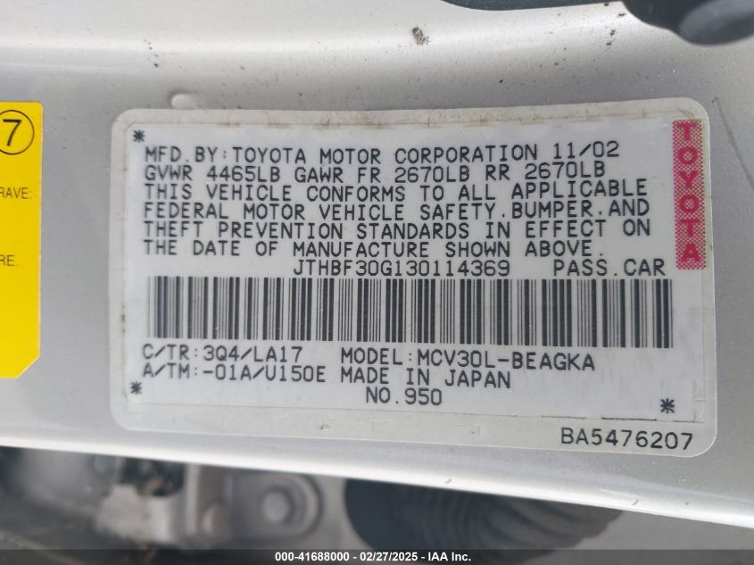 2003 Lexus Es 300 VIN: JTHBF30G130114369 Lot: 41688000