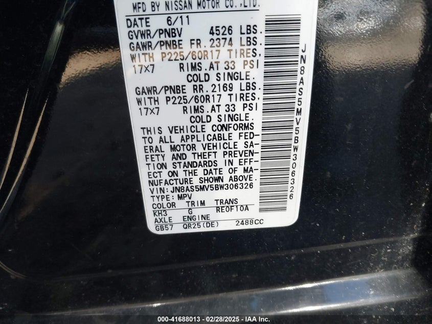 2011 NISSAN ROGUE VIN: JN8AS5MV5BW306326