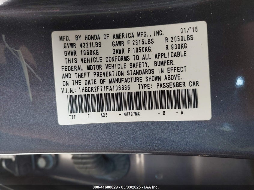 2015 HONDA ACCORD VIN: 1HGCR2F71FA106836