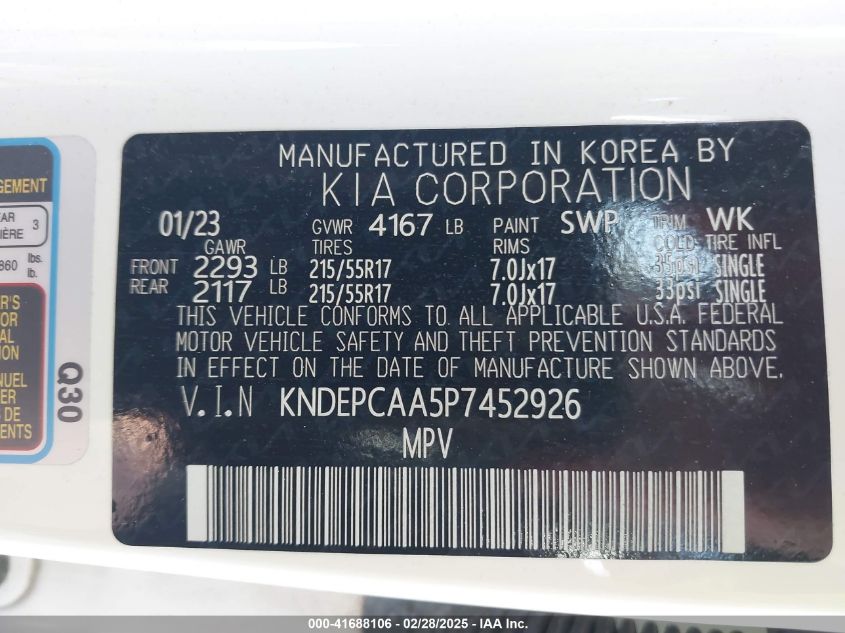 2023 Kia Seltos Lx VIN: KNDEPCAA5P7452926 Lot: 41688106