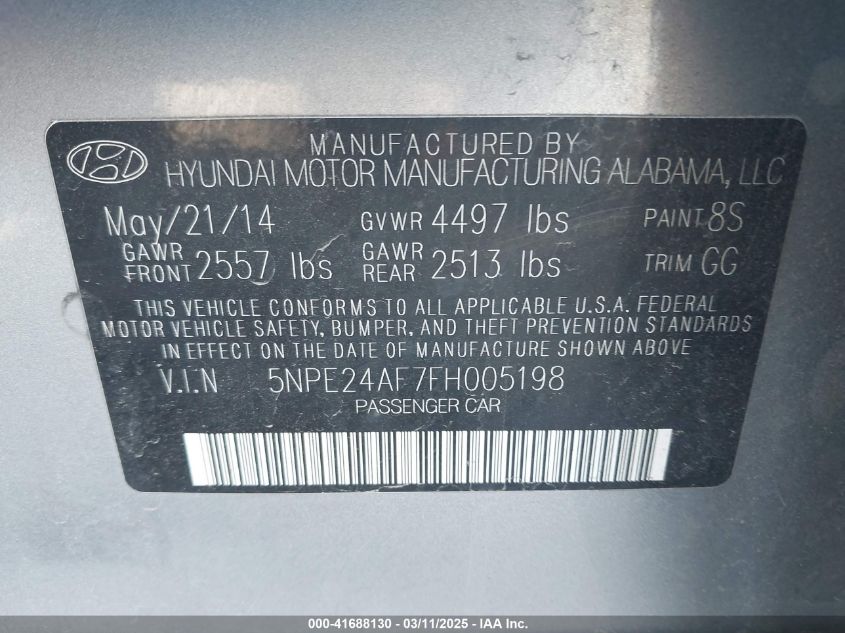 2015 Hyundai Sonata Se VIN: 5NPE24AF7FH005198 Lot: 41688130