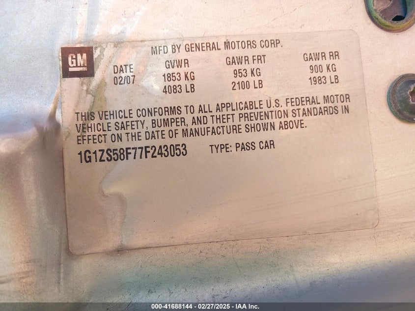2007 CHEVROLET MALIBU VIN: 1G1ZS58F77F243053