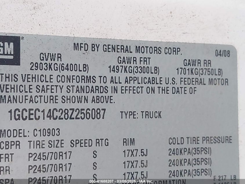 2008 Chevrolet Silverado 1500 Work Truck VIN: 1GCEC14C28Z256087 Lot: 41688207