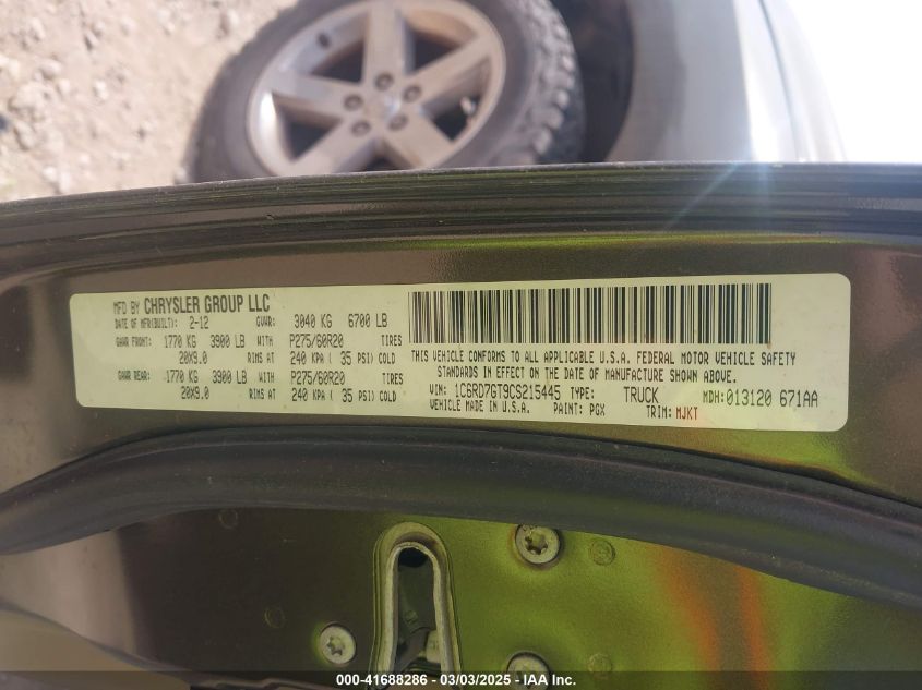 2012 Ram 1500 Slt VIN: 1C6RD7GT9CS215445 Lot: 41688286