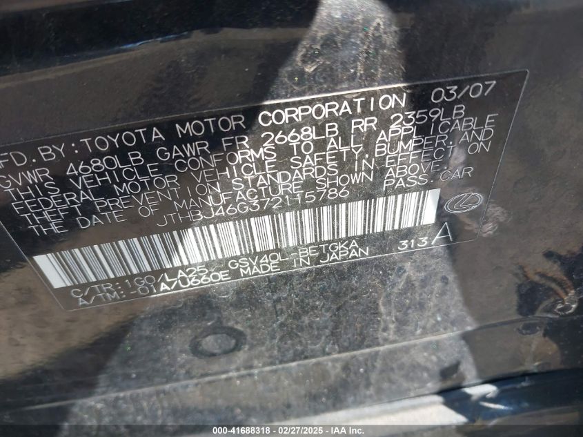 2007 Lexus Es 350 VIN: JTHBJ46G372115786 Lot: 41688318