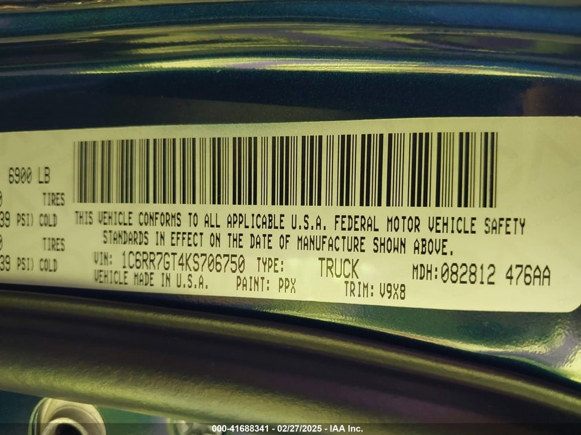 2019 Ram 1500 Classic Warlock 4X4 6'4 Box VIN: 1C6RR7GT4KS706750 Lot: 41688341
