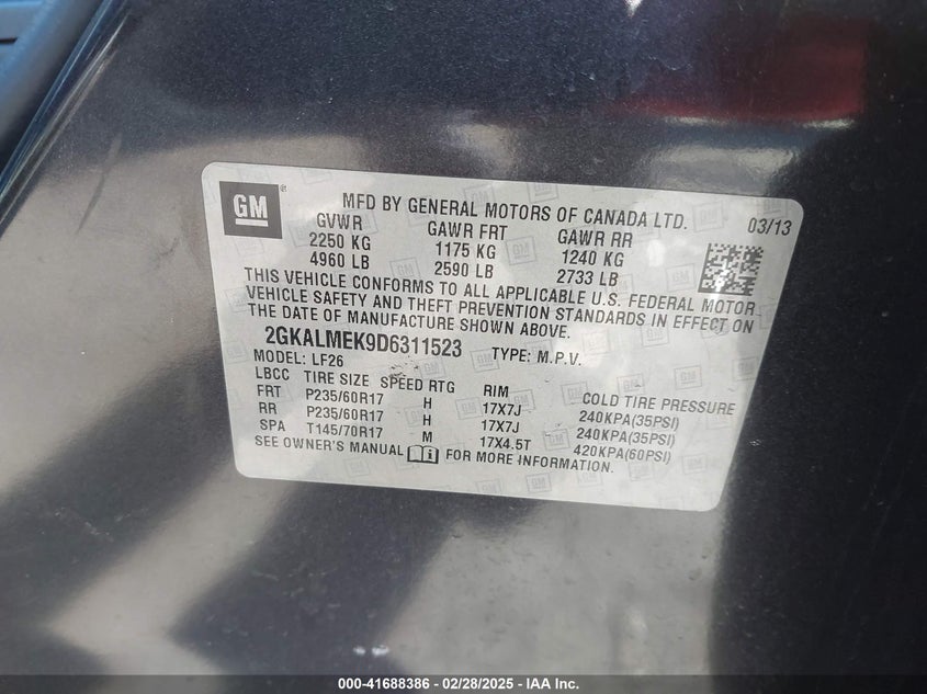 2013 GMC Terrain Sle-1 VIN: 2GKALMEK9D6311523 Lot: 41688386