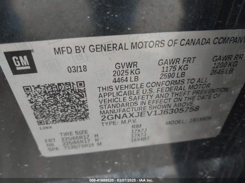 2018 Chevrolet Equinox Lt VIN: 2GNAXJEV1J6305758 Lot: 41688520