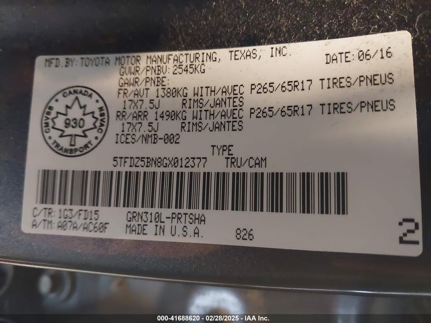 2016 TOYOTA TACOMA VIN: 5TFDZ5BN8GX012377
