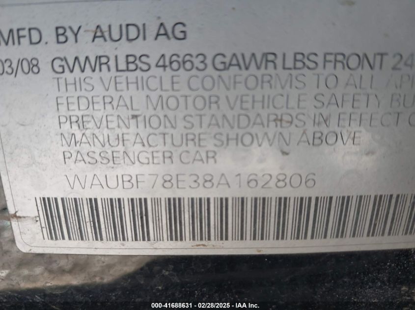 2008 Audi A4 2.0T/2.0T Special Edition VIN: WAUBF78E38A162806 Lot: 41688631