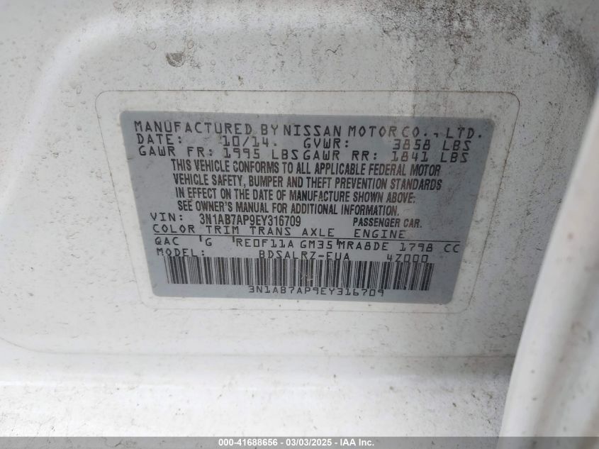 2014 Nissan Sentra Sr VIN: 3N1AB7AP9EY316709 Lot: 41688656