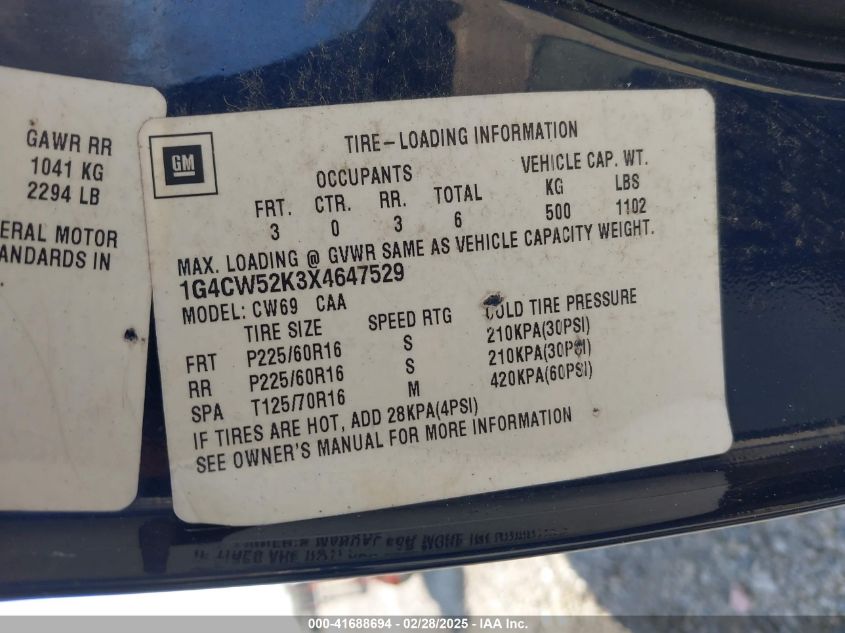 1999 Buick Park Avenue VIN: 1G4CW52K3X4647529 Lot: 41688694