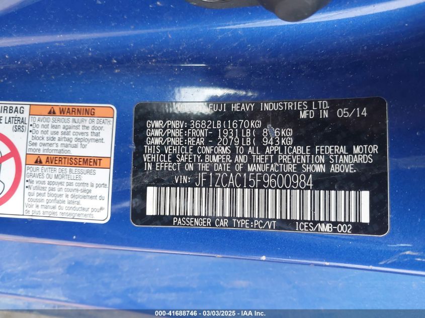 2015 Subaru Brz Series.blue VIN: JF1ZCAC15F9600984 Lot: 41688746