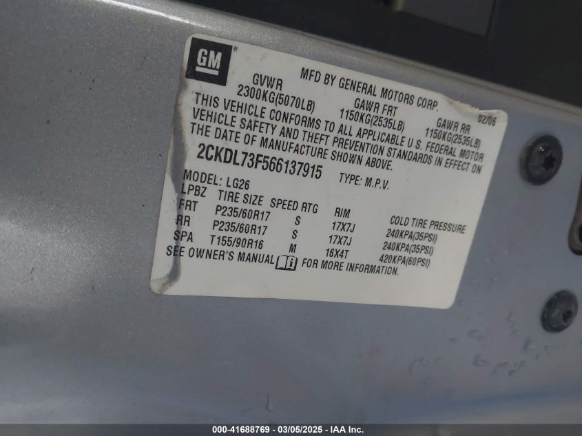 2006 Pontiac Torrent VIN: 2CKDL73F566137915 Lot: 41688769