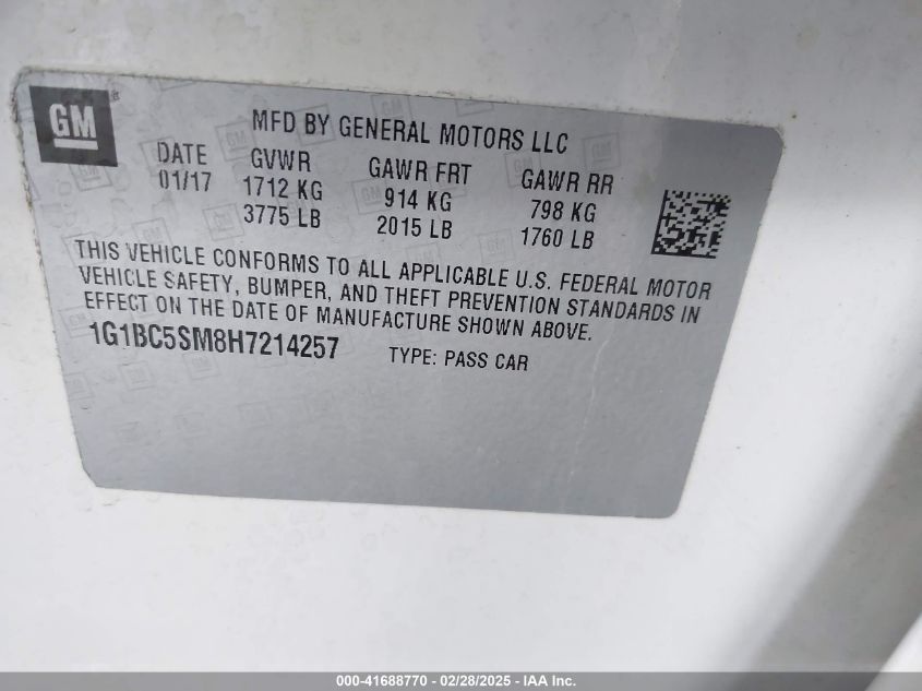 2017 Chevrolet Cruze Ls Auto VIN: 1G1BC5SM8H7214257 Lot: 41688770