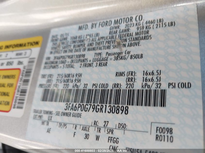 2016 Ford Fusion S VIN: 3FA6P0G79GR130898 Lot: 41688803