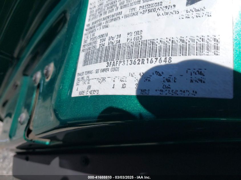 2002 Ford Focus Zx3 VIN: 3FAFP31362R167648 Lot: 41688810