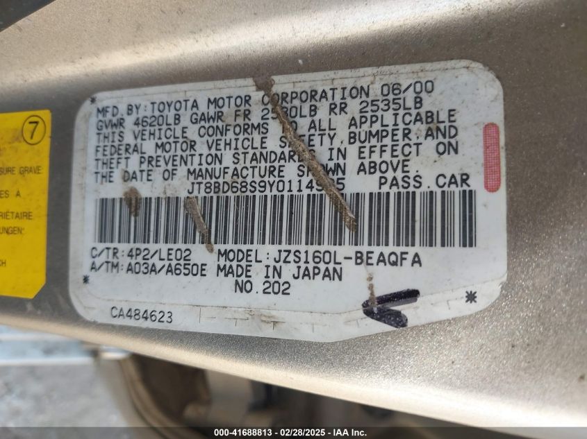 2000 Lexus Gs 300 VIN: JT8BD68S9Y0114935 Lot: 41688813