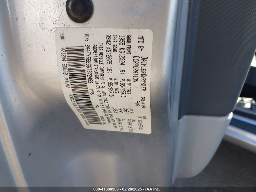 2006 Chrysler Pt Cruiser VIN: 3A4F458866T372499 Lot: 41688909