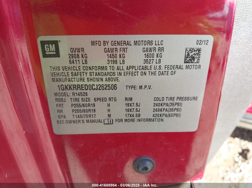 2012 GMC Acadia Slt-1 VIN: 1GKKRRED0CJ262506 Lot: 41688984