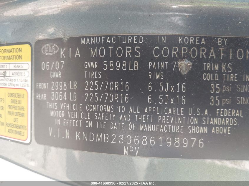 2008 Kia Sedona Lx VIN: KNDMB233686198976 Lot: 41688996