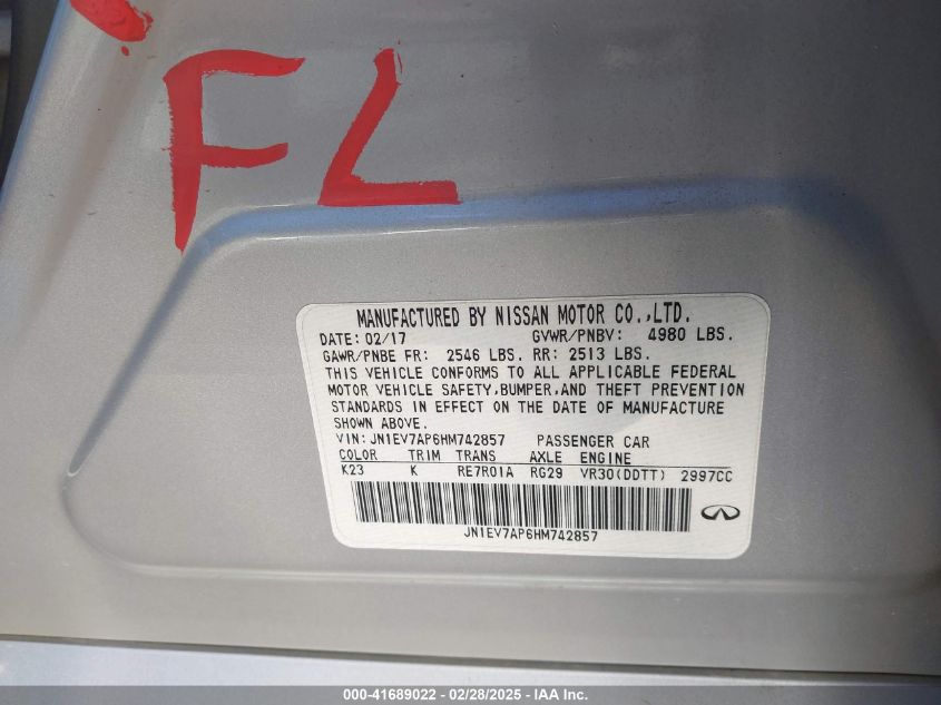 2017 Infiniti Q50 3.0T Premium VIN: JN1EV7AP6HM742857 Lot: 41689022