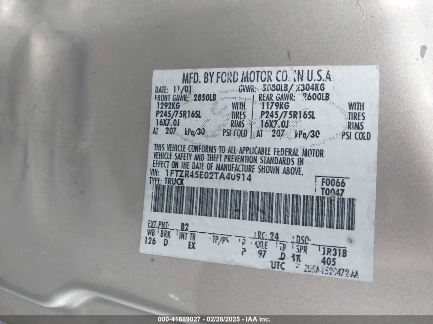 2002 Ford Ranger Edge/Xlt VIN: 1FTZR45E02TA40914 Lot: 41689027