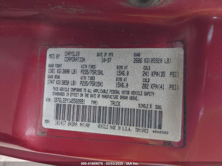 1998 Dodge Dakota Slt/Sport VIN: 1B7GL22Y1WS569991 Lot: 41689076