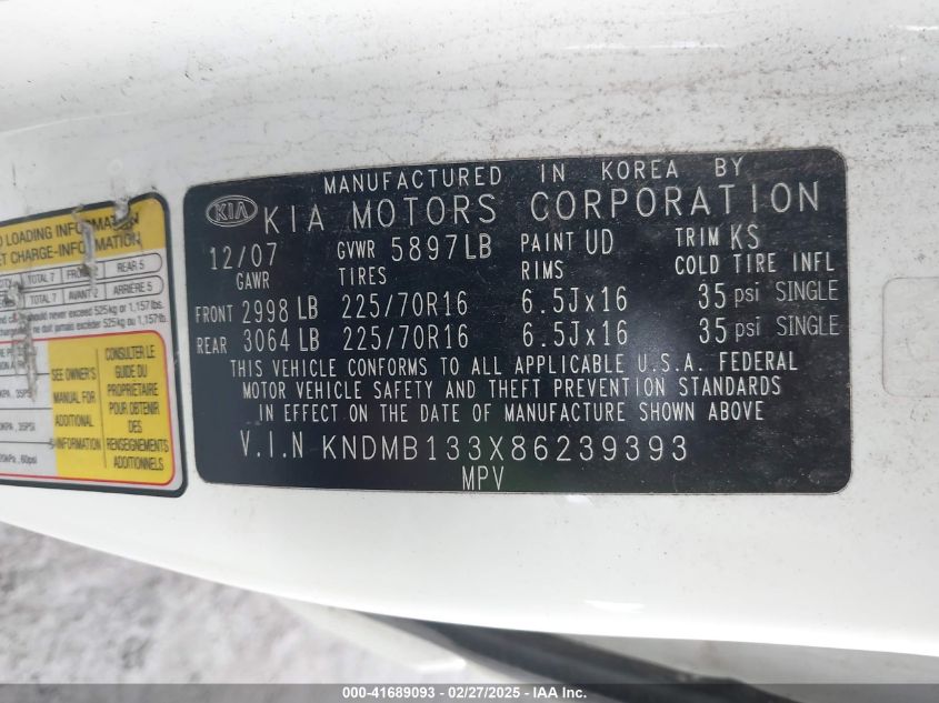 2008 Kia Sedona VIN: KNDMB133X86239393 Lot: 41689093