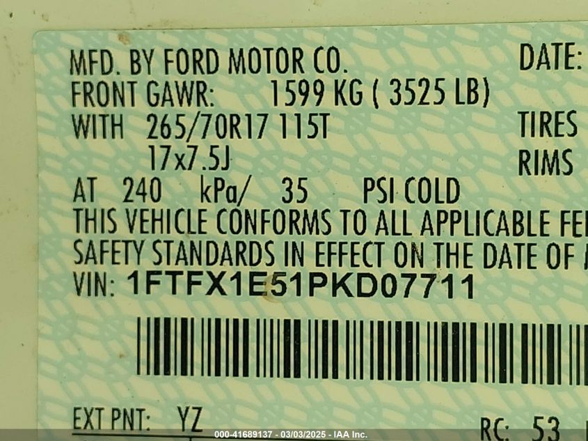2023 Ford F-150 Xl VIN: 1FTFX1E51PKD07711 Lot: 41689137