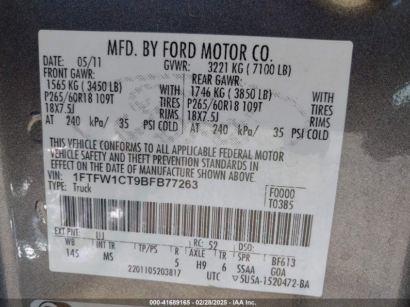 2011 FORD F150 VIN: 1FTFW1CT9BFB77263